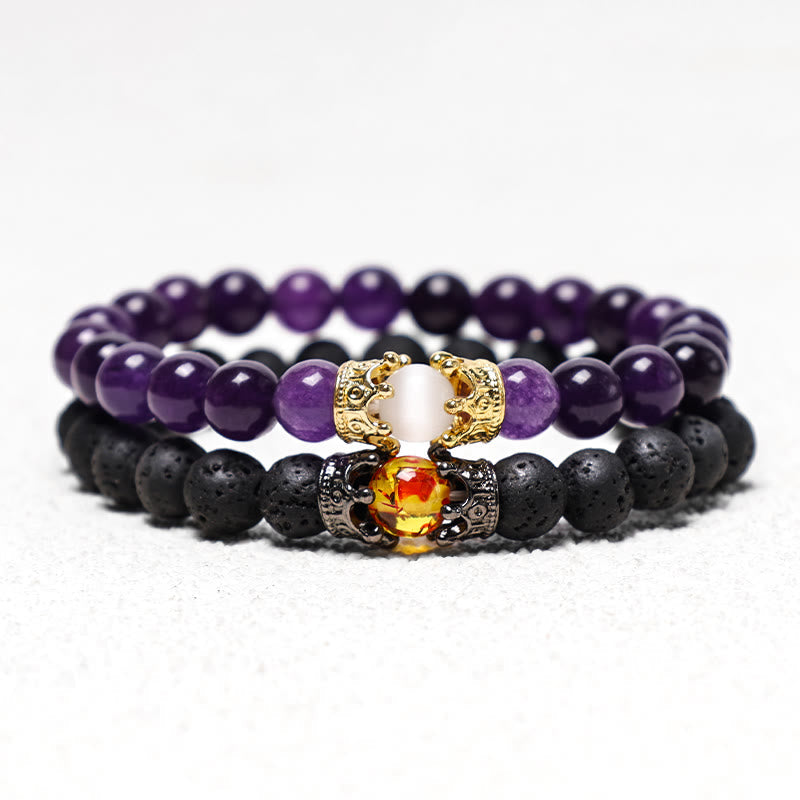 Wear FengShui Natural Stone King&Queen Crown Healing Energy Beads Couple Bracelet