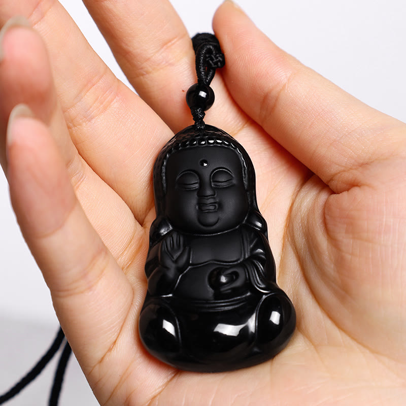 Wear FengShui Natural Black Obsidian Crystal Buddha Strength Protection Amulet Lucky Charm Pendant Necklace