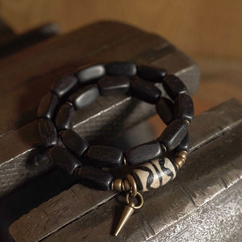 Wear FengShui Tibet Ebony Wood Dzi Bead Copper Balance Double Wrap Bracelet