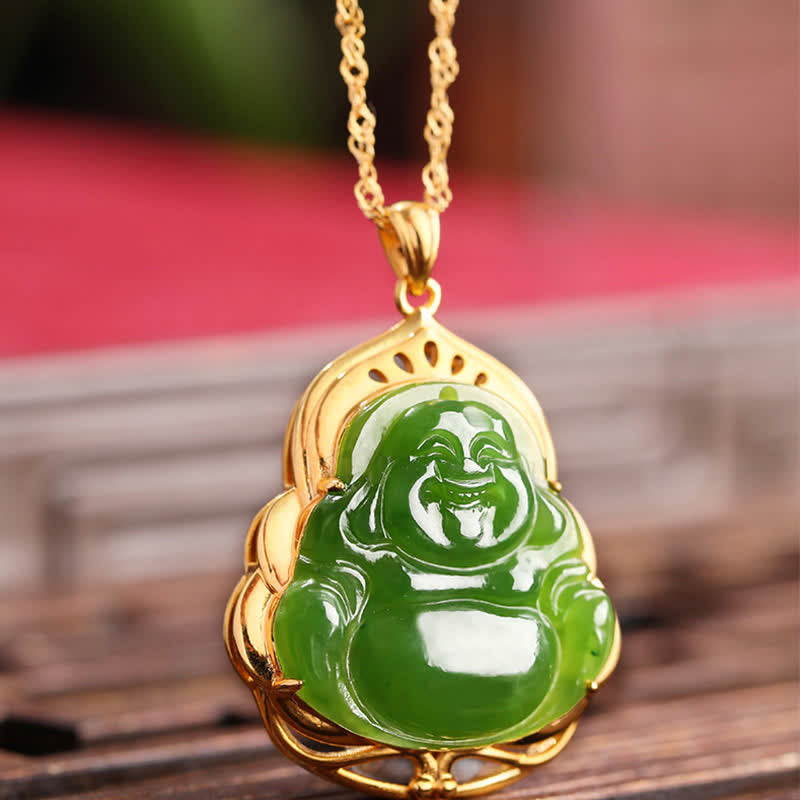 Wear FengShui 925 Sterling Silver Natural Hetian Cyan Jade Laughing Buddha 18K Gold Healing Necklace Chain Pendant