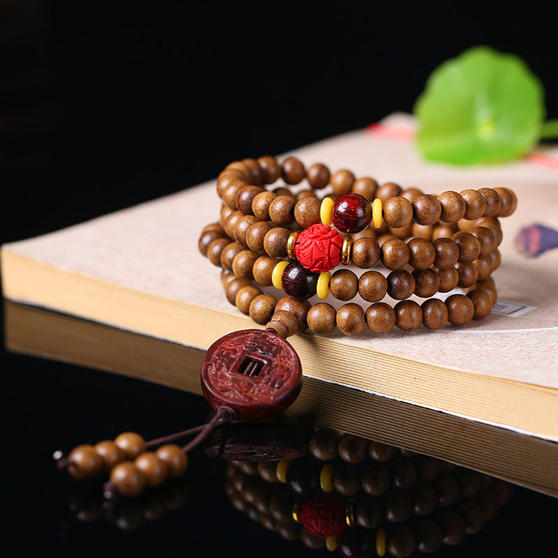 Wear FengShui 108 Mala Beads Peach Wood Bodhi Seed Lotus Prayer Meditation Bracelet
