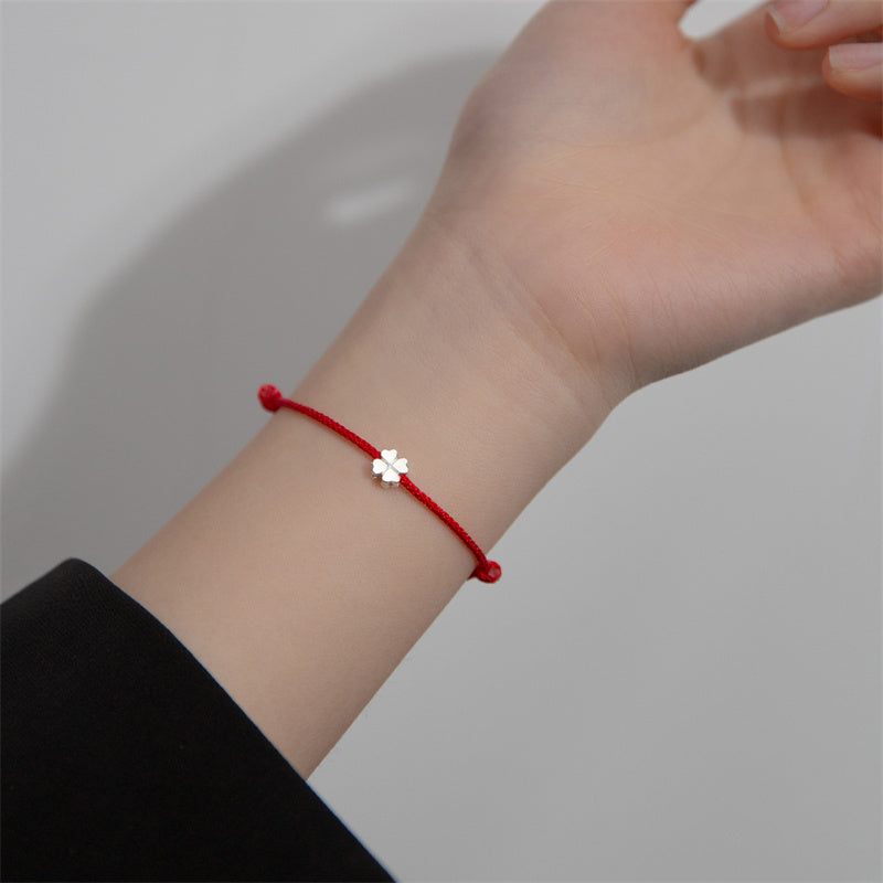 Wear FengShui 925 Sterling Silver Four Leaf Clover Red Rope Bracelet
