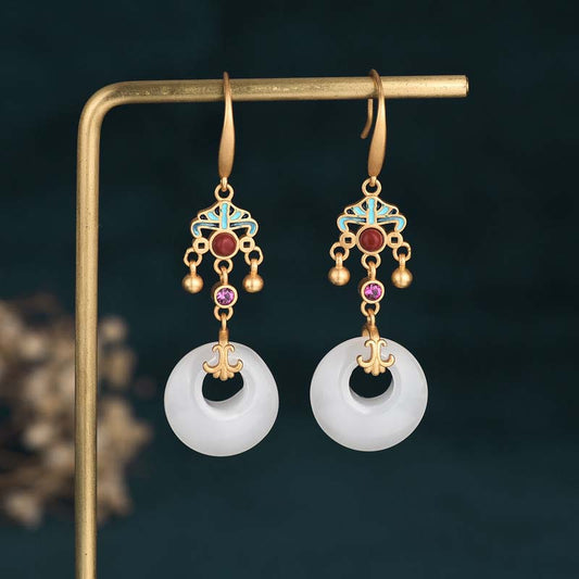 Buddha Stones FengShui White Jade Blessing Drop Earrings