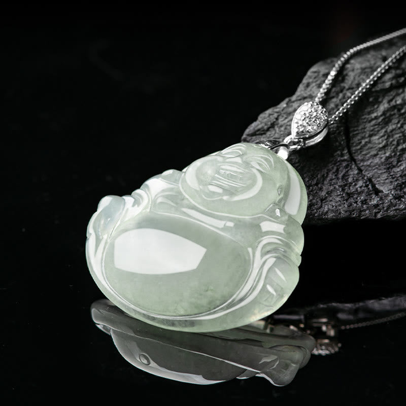 Wear FengShui Natural Jade Laughing Buddha Prosperity Abundance Titanium Steel Chain Necklace Pendant