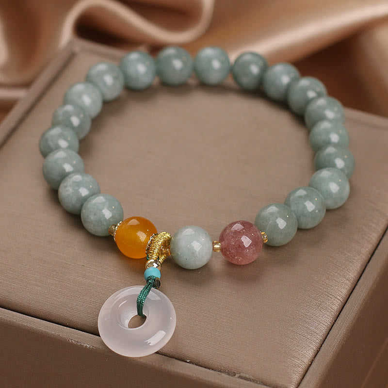 Wear FengShui Natural Jade Strawberry Quartz Bead Peace Buckle Prosperity Bracelet
