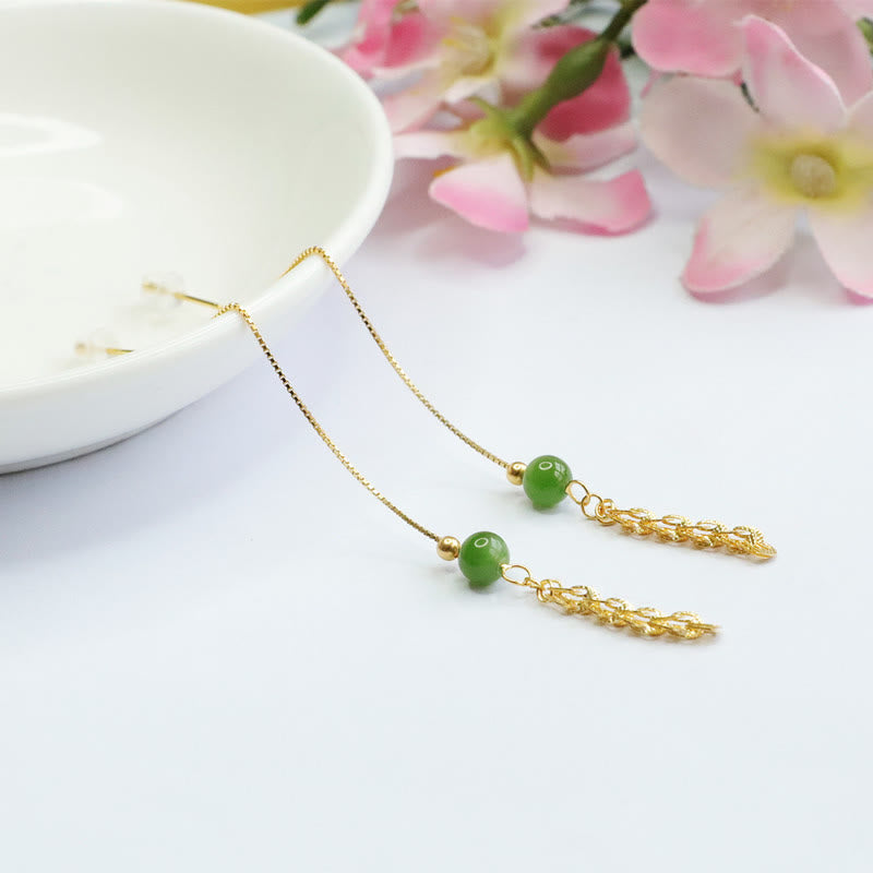 Wear FengShui 925 Sterling Silver Natural Hetian Cyan Jade Bead Luck Phoenix Tail Drop Earrings