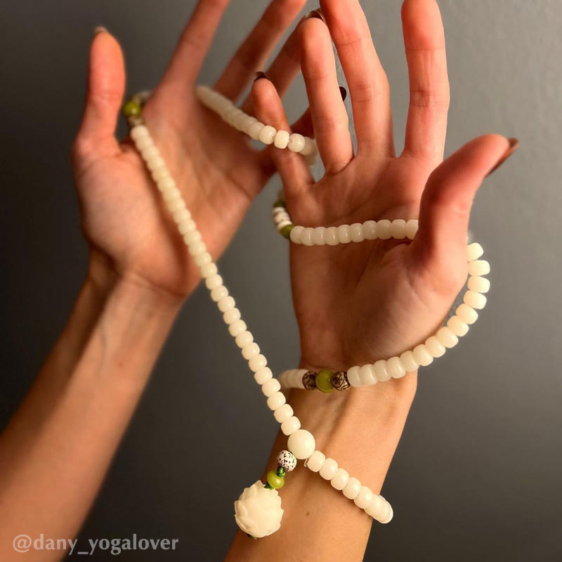 Wear FengShui White Jade Bodhi Lotus Mala Harmony Necklace Bracelet
