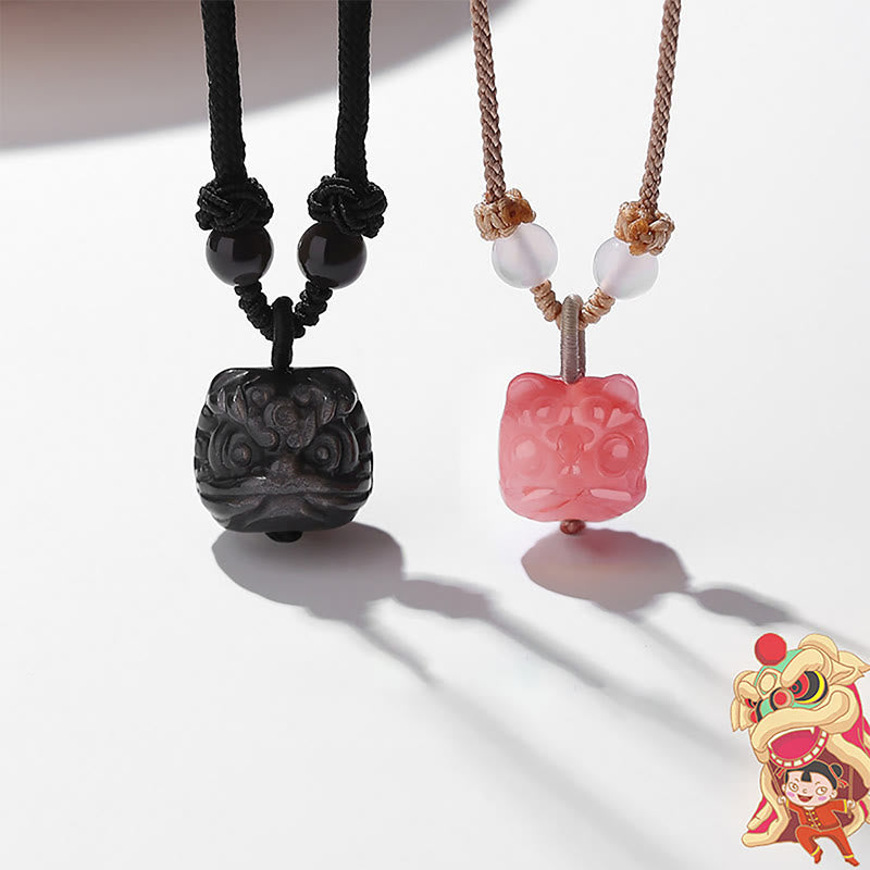 Wear FengShui Natural Silver Sheen Obsidian Red Agate Dancing Lion Protection Necklace Pendant