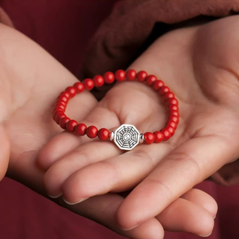 Wear FengShui 925 Sterling Silver Yin Yang Bagua Symbol Cinnabar String Concentration Bracelet