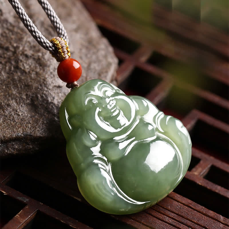 Wear FengShui Laughing Buddha Hetian Jade Abundance Necklace String Pendant