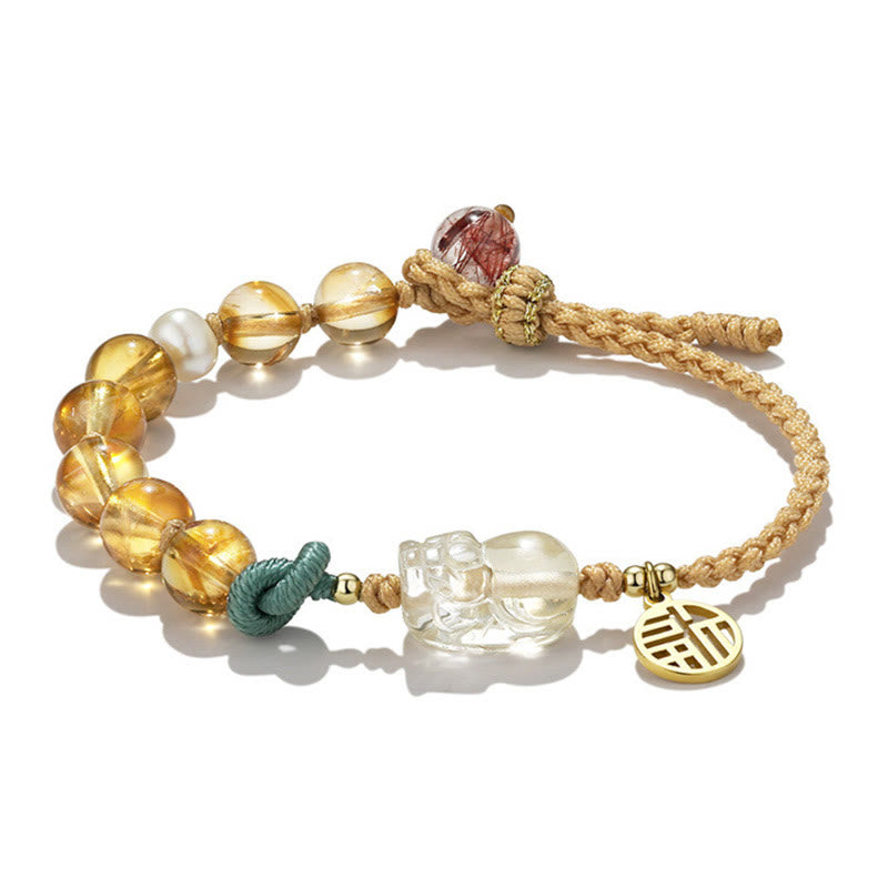 Wear FengShui Citrine PiXiu Fu Character Prosperity String Braided Bracelet