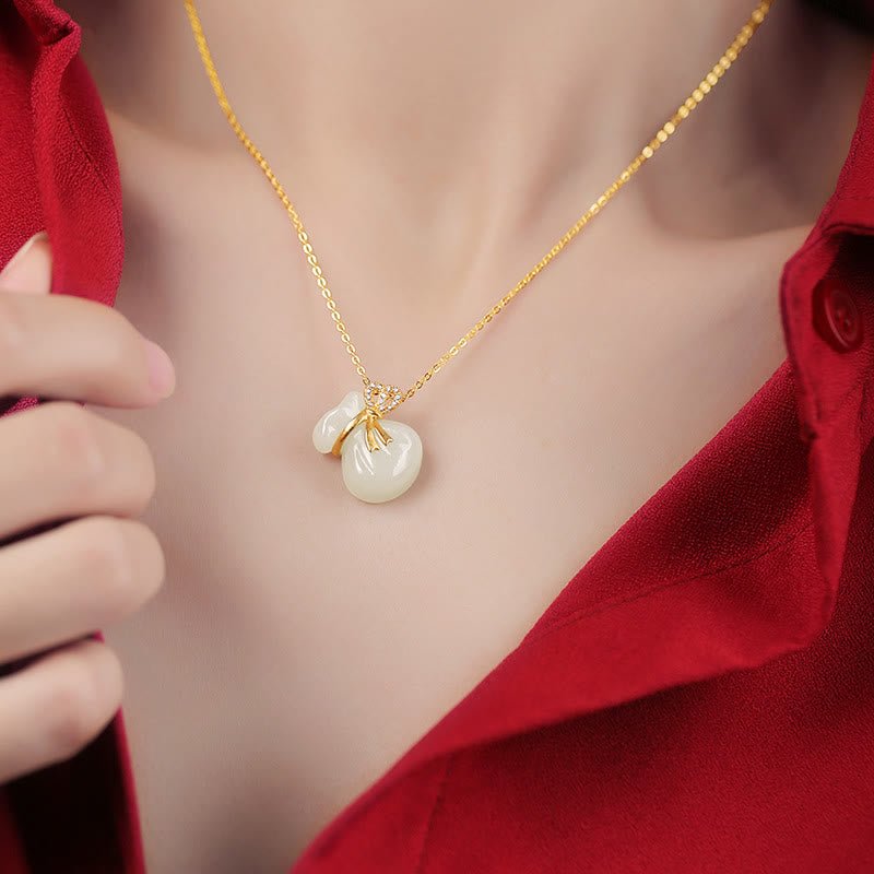 Wear FengShui Natural Hetian White Jade Luck Money Bag Necklace Pendant