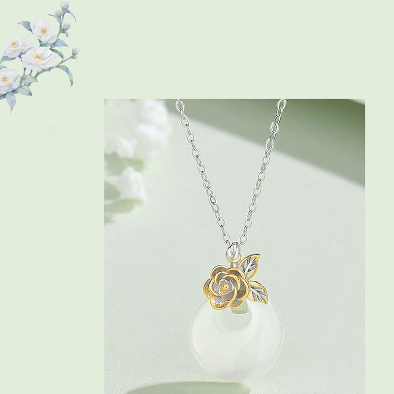 Wear FengShui 925 Sterling Silver Round Chalcedony Twelve Months Flower Harmony Necklace Pendant