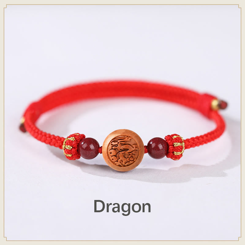 Wear FengShui Natural Peach Wood Chinese Zodiac Fu Character Carved Cinnabar Wealth Bracelet