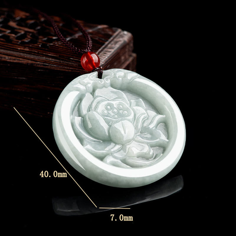 Wear FengShui Natural Jade Lotus Flower Carved Prosperity Necklace Pendant