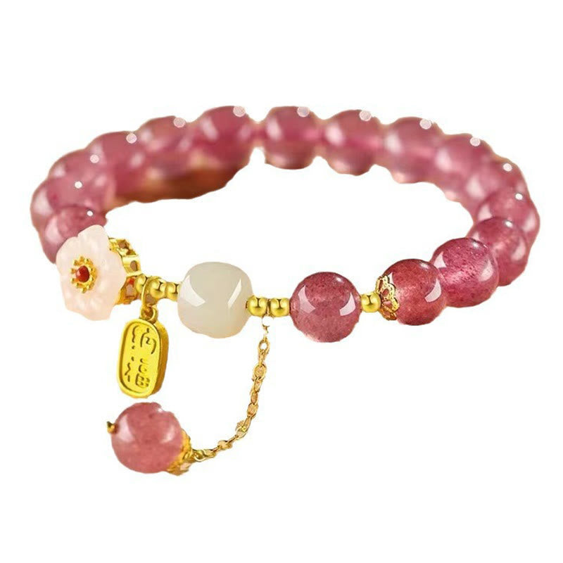 Wear FengShui Strawberry Quartz Fu Character Pink Crystal Healing Bracelet