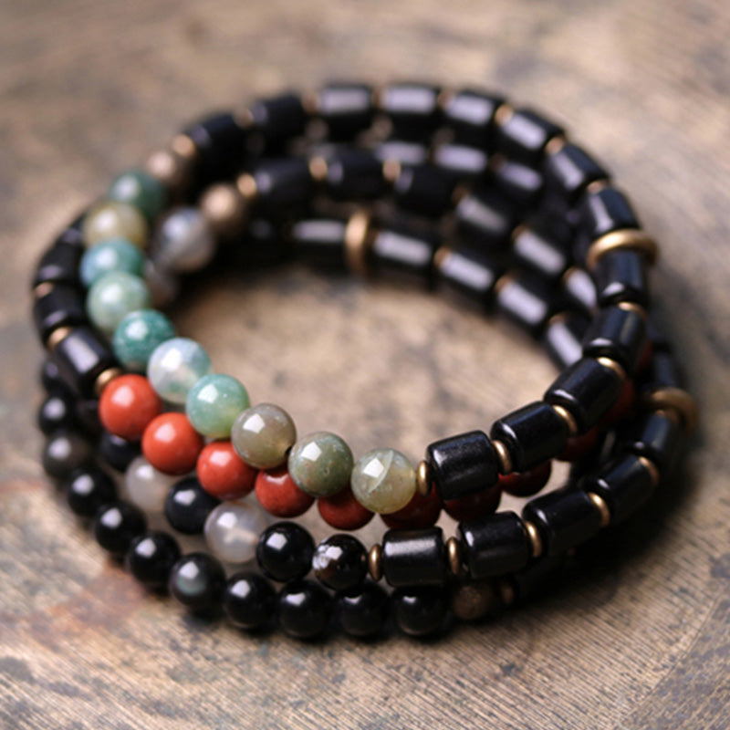 Wear FengShui Ebony Wood Red Jasper Moss Agate Crystal Copper Peace Couple Bracelet