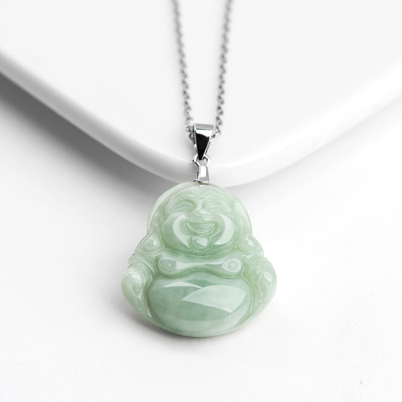 Wear FengShui Laughing Buddha Jade Blessing Titanium Steel Chain Necklace Pendant