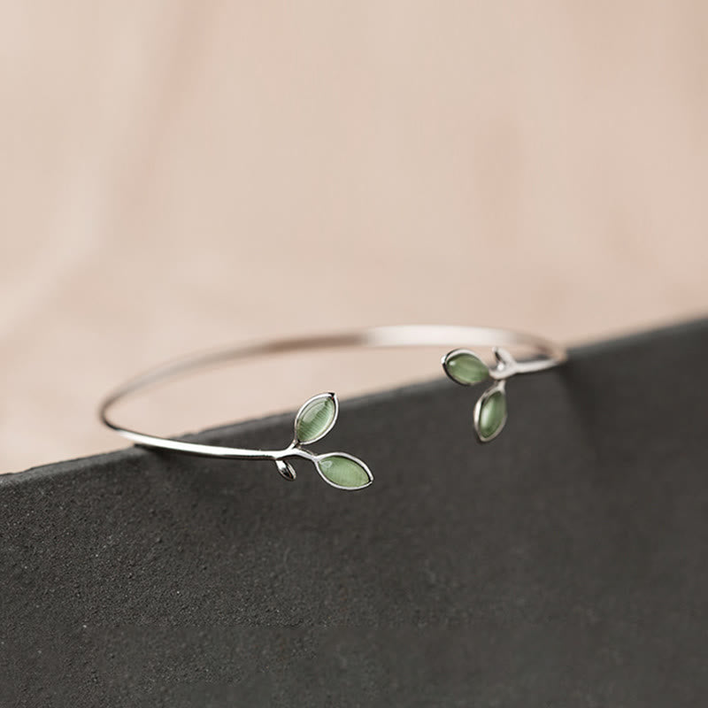 Wear FengShui Leaf Pattern Cat Eye Support Cuff Bracelet Bangle