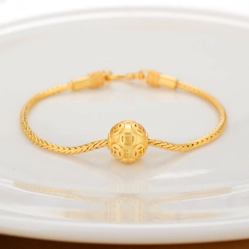 Wear FengShui Tibetan 18K Gold Om Mani Padme Hum Lucky Koi Fish Fu Character Ingot Copper Coin Peace Bracelet