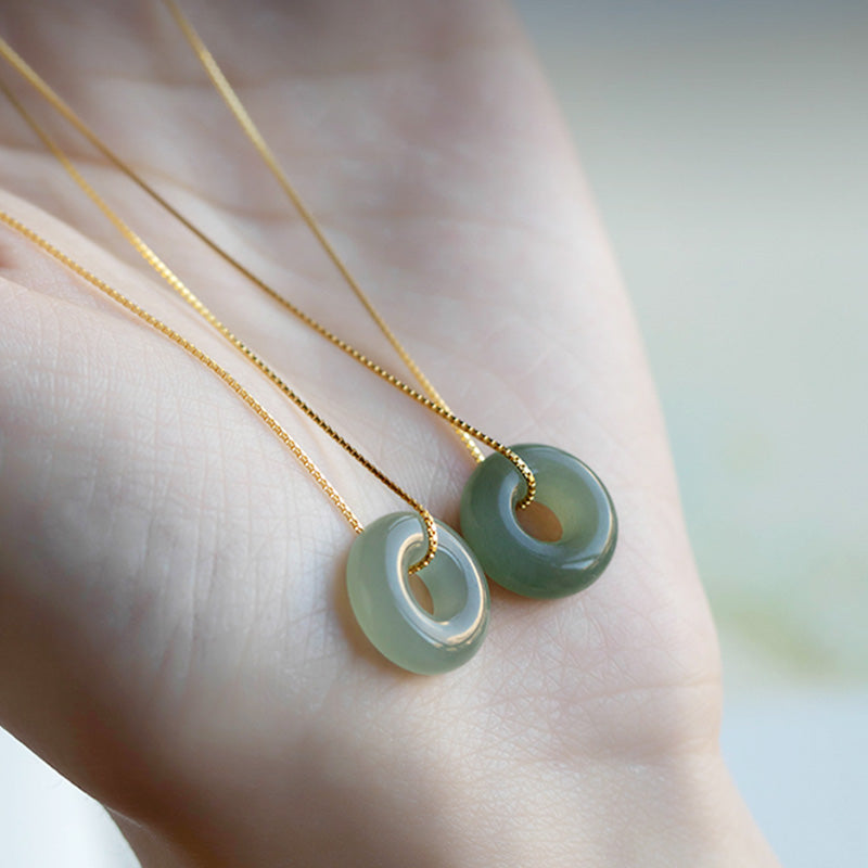 Wear FengShui Natural Round Jade Peace Buckle Luck Abundance Necklace Pendant