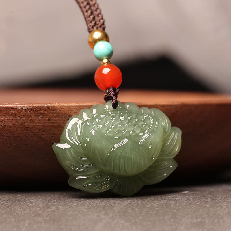 Wear FengShui Hetian Cyan Jade Lotus Flower Success Necklace Pendant