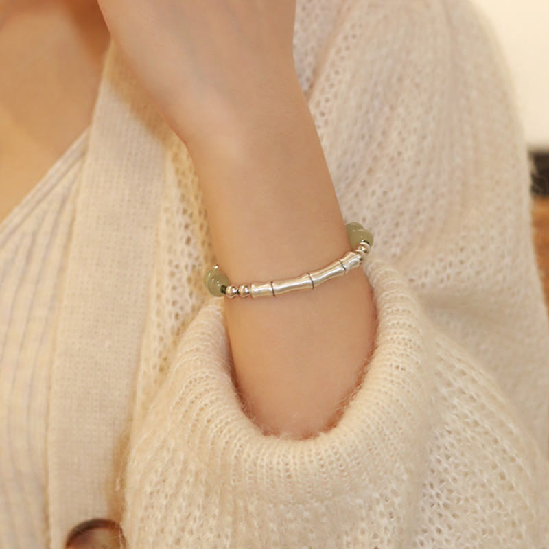 Wear FengShui 925 Sterling Silver Natural Jade Fu Character Bamboo Abundance Bracelet