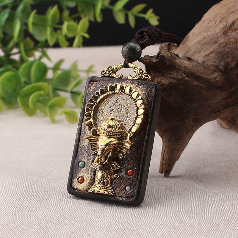 Wear FengShui Ebony Wood Elephant God of Fortune Buddha Blessing Necklace String Pendant