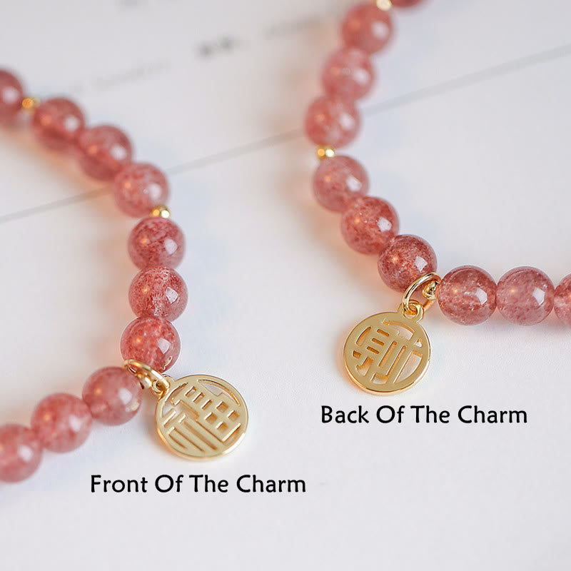 Wear FengShui 14K Gold Plated Strawberry Quartz Fu Character Healing Charm Bracelet