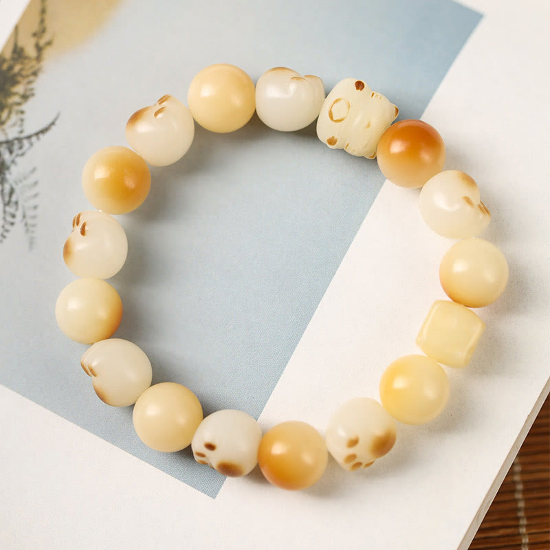 Wear FengShui Natural Bodhi Seed Sandalwood Lucky Cute Cat Head Paw Claw Peace Bracelet