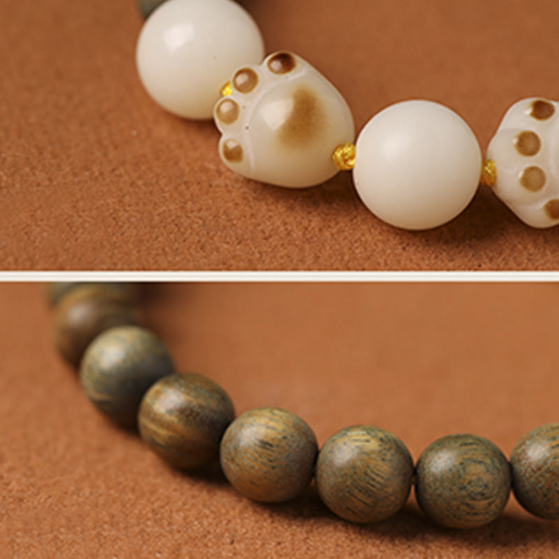 Wear FengShui Natural Green Sandalwood Bodhi Seed Cat Paw Claw Cure Bracelet
