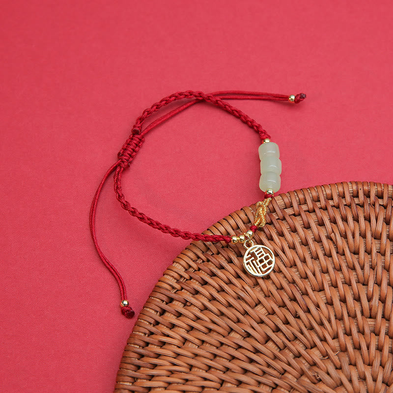 Wear FengShui Handcrafted Jade Bead Fu Character Charm Luck Red Rope Bracelet