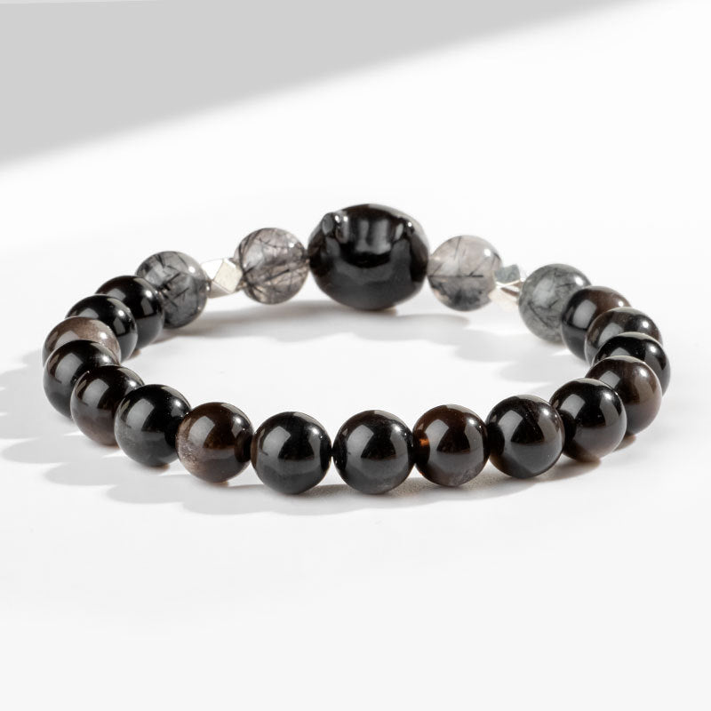 Wear FengShui Natural Silver Sheen Obsidian Cute Cat Head Protection Bracelet