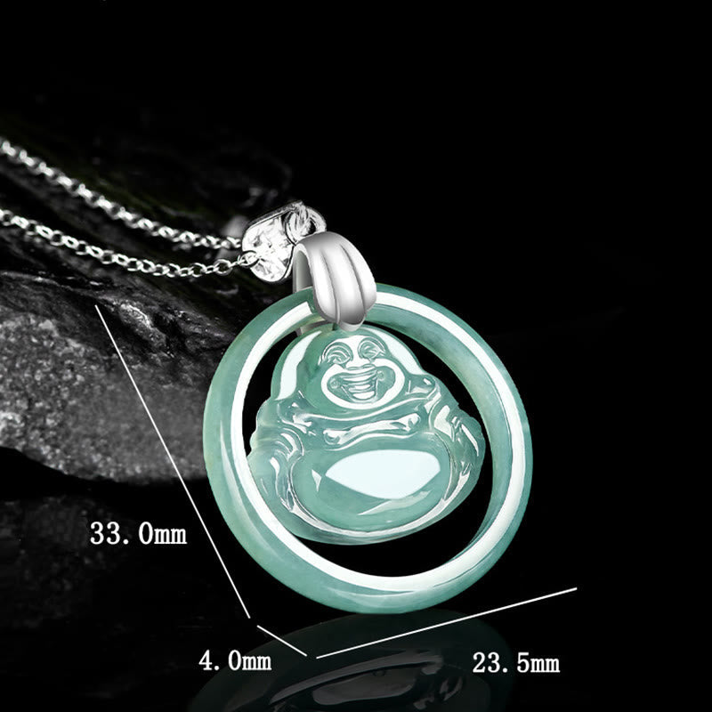 Wear FengShui Natural Jade Round Laughing Buddha Abundance Titanium Steel Chain Necklace Pendant