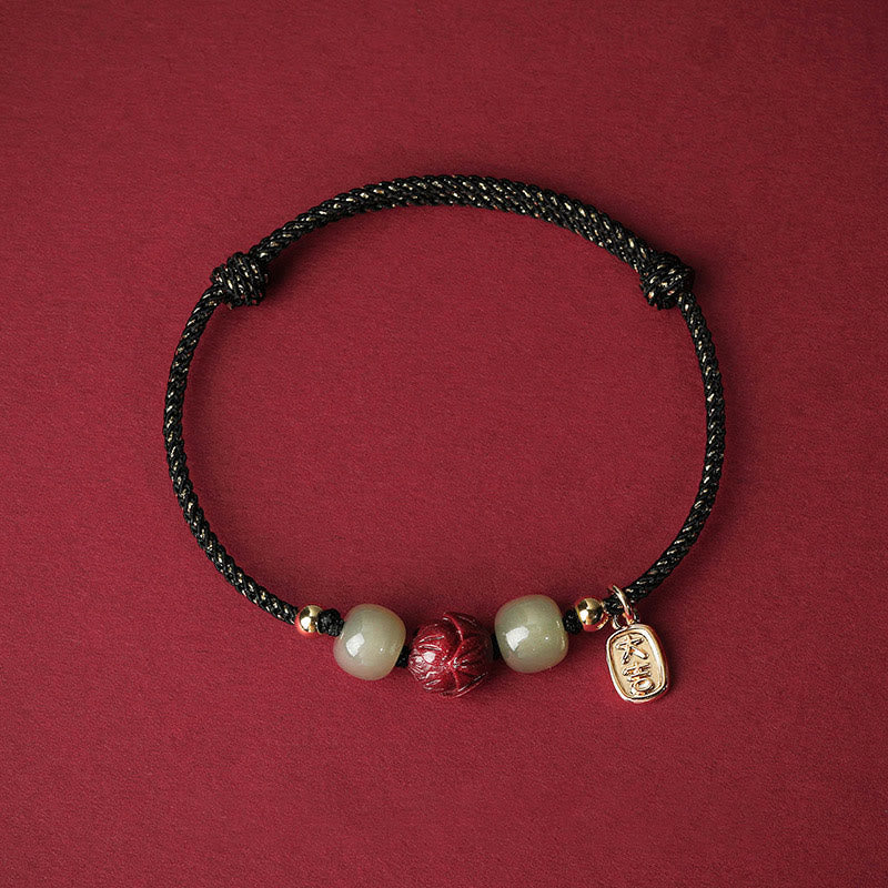 Wear FengShui 14K Gold Plated Hetian Jade Cinnabar Lotus Luck Handcrafted Rope Bracelet