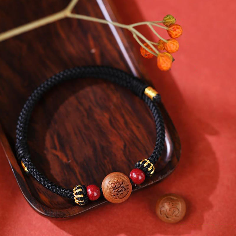 Wear FengShui Natural Peach Wood Chinese Zodiac Fu Character Carved Cinnabar Wealth Bracelet