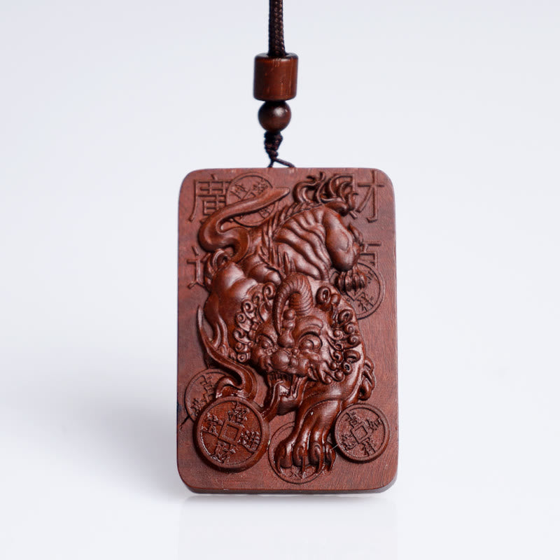 Wear FengShui Natural Lightning Struck Jujube Wood PiXiu Copper Coin Good Fortune Necklace Pendant
