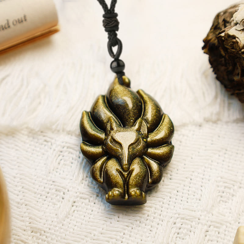 Wear FengShui Natural Fluorite Gold Sheen Obsidian Fox Pendant Protection Necklace