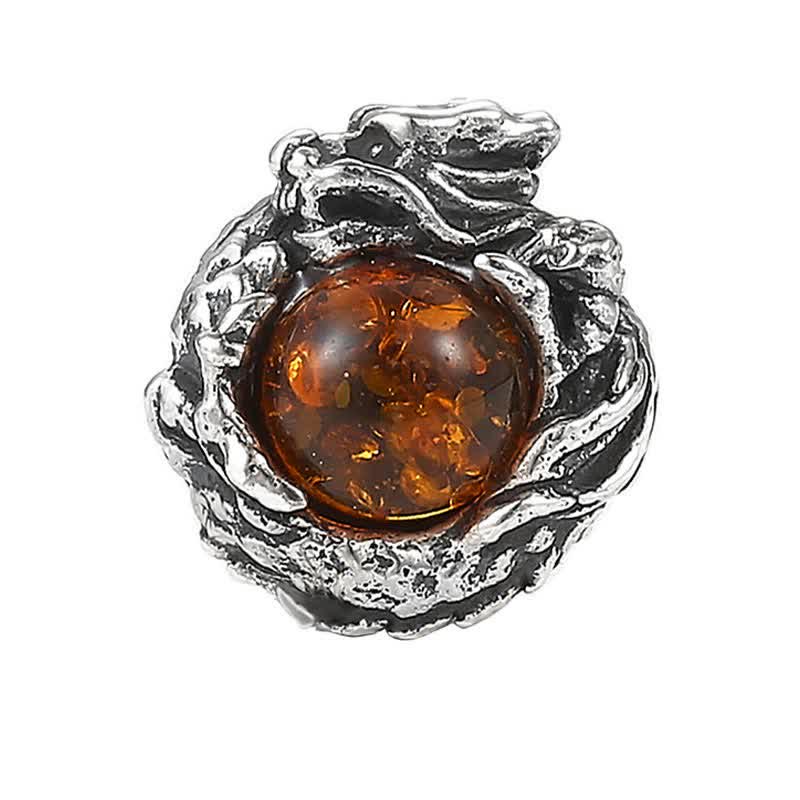 Wear FengShui 925 Sterling Silver Natural Amber Dragon Success Protection Stud Earring