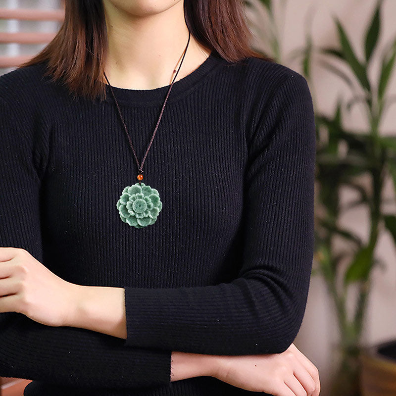 Wear FengShui Lotus Pattern Jade Luck Prosperity Necklace Pendant