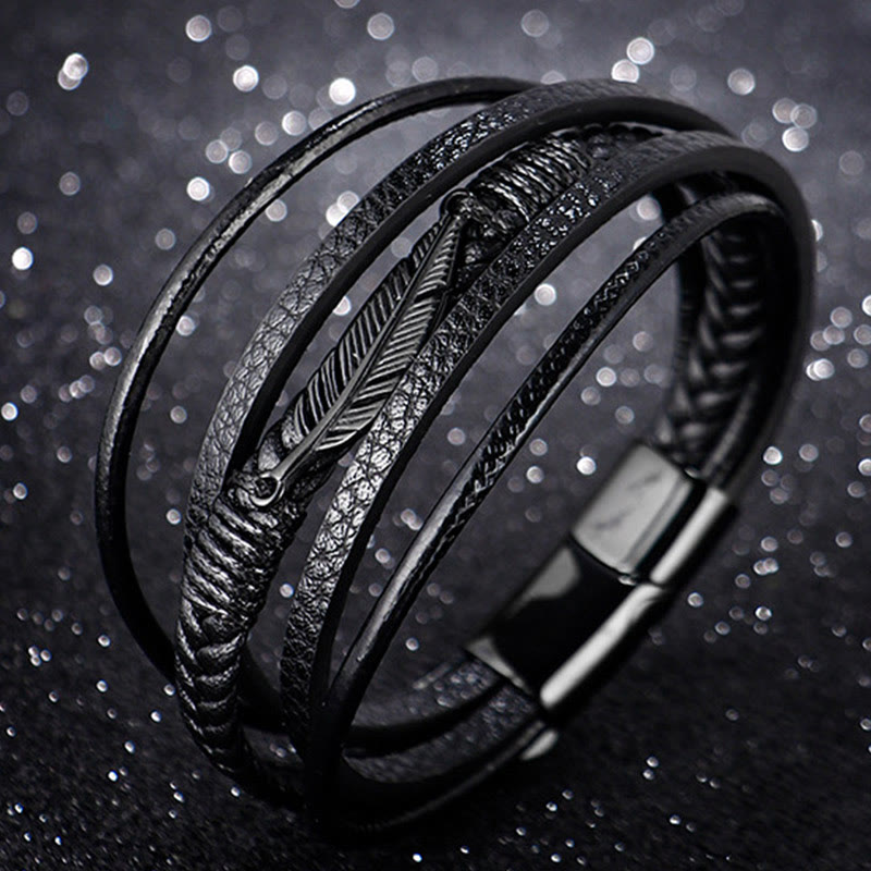 Wear FengShui Feather Pattern Multilayer Leather Titanium Steel Calm Braided Magnetic Buckle Bracelet