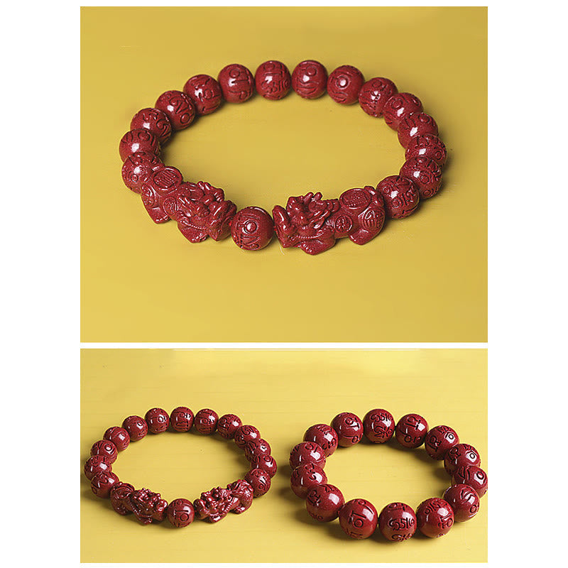 Wear FengShui Natural Double PiXiu Cinnabar Om Mani Padme Hum Wealth Luck Bead Bracelet
