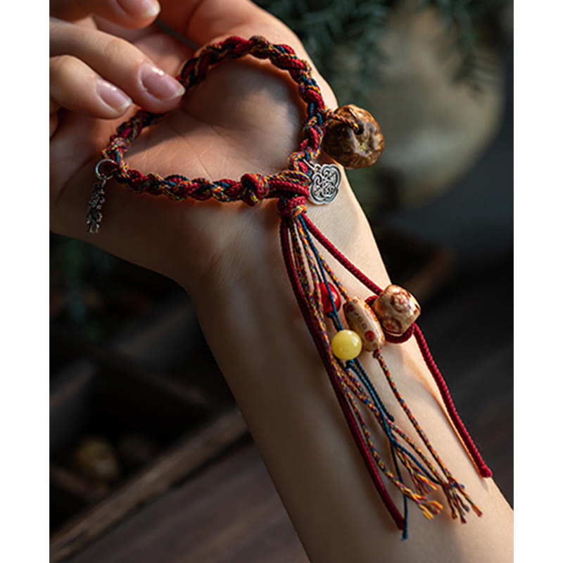 Wear FengShui Tibetan Handmade Colorful Thread 925 Sterling Silver Koi Fish Protection Strength String Bracelet