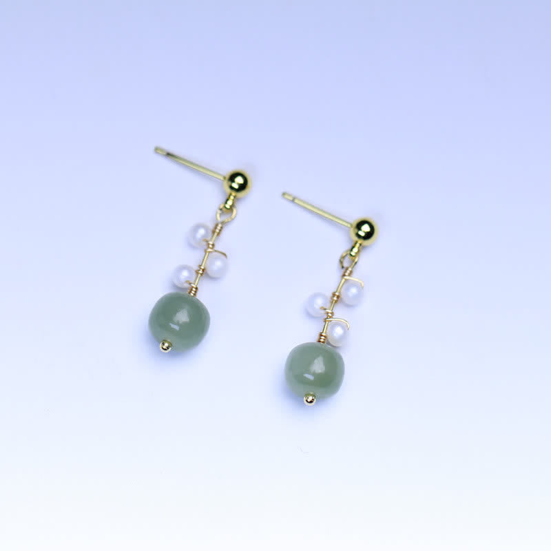 Wear FengShui Hetian Jade Flower Pattern 14K Gold Plated Luck Drop Dangle Earrings