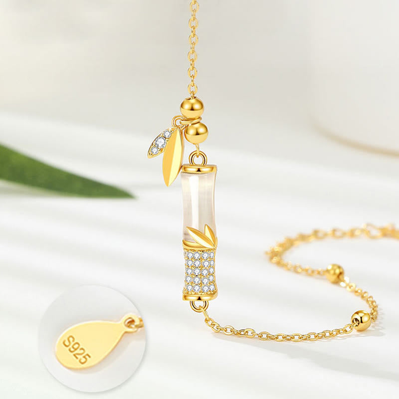 Wear FengShui 925 Sterling Silver 18K Gold Plated White Jade Bamboo Zircon Leaf Luck Bracelet