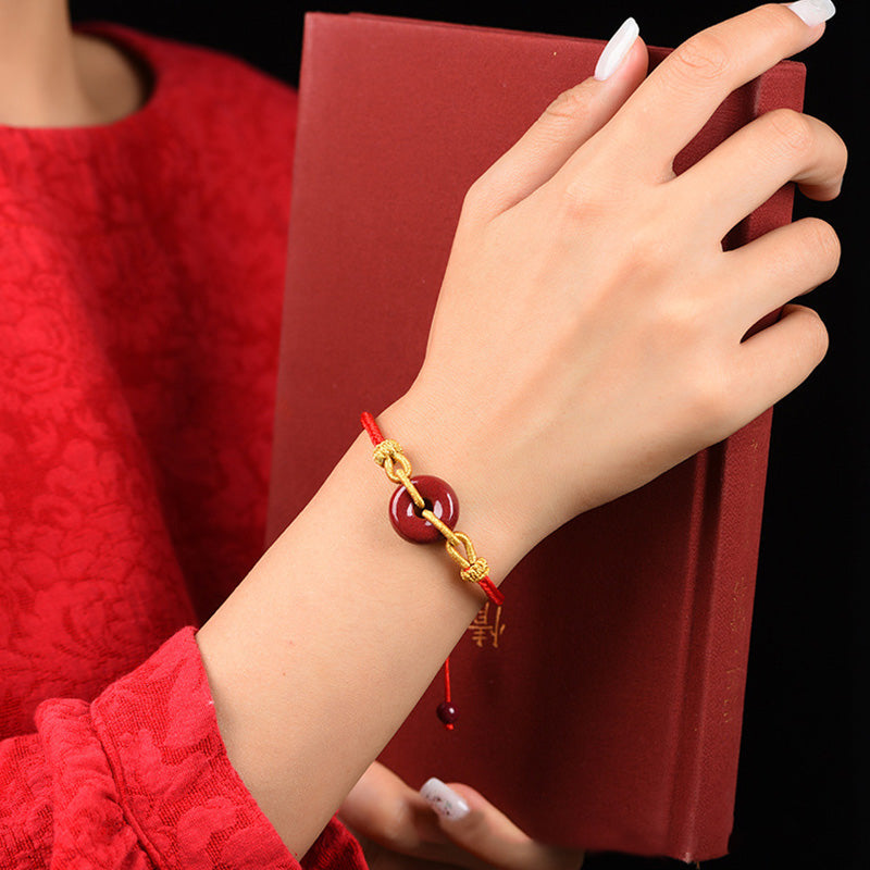 Wear FengShui Handmade Cinnabar Peace Buckle Blessing Braided Rope Bracelet