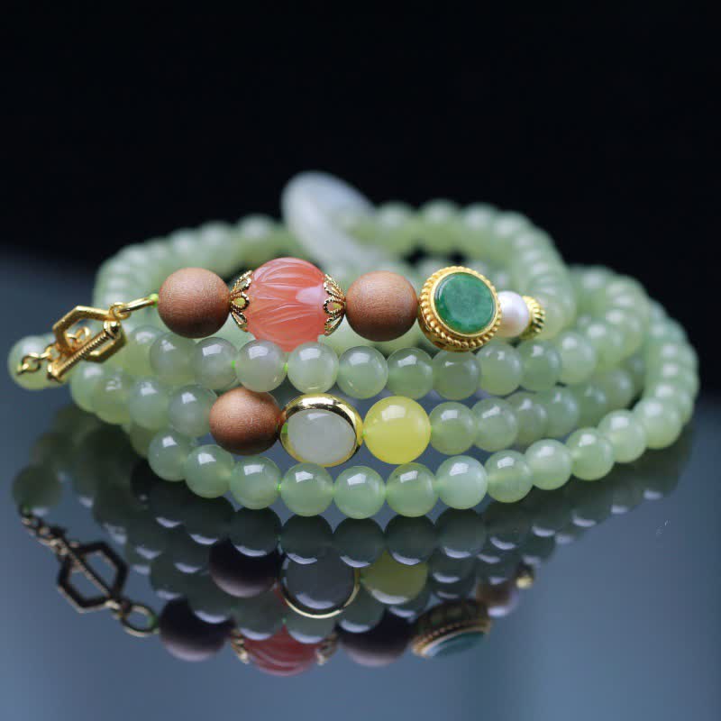 Wear FengShui Natural Hetian Jade Amber Lotus Red Agate Luck Abundance Bracelet