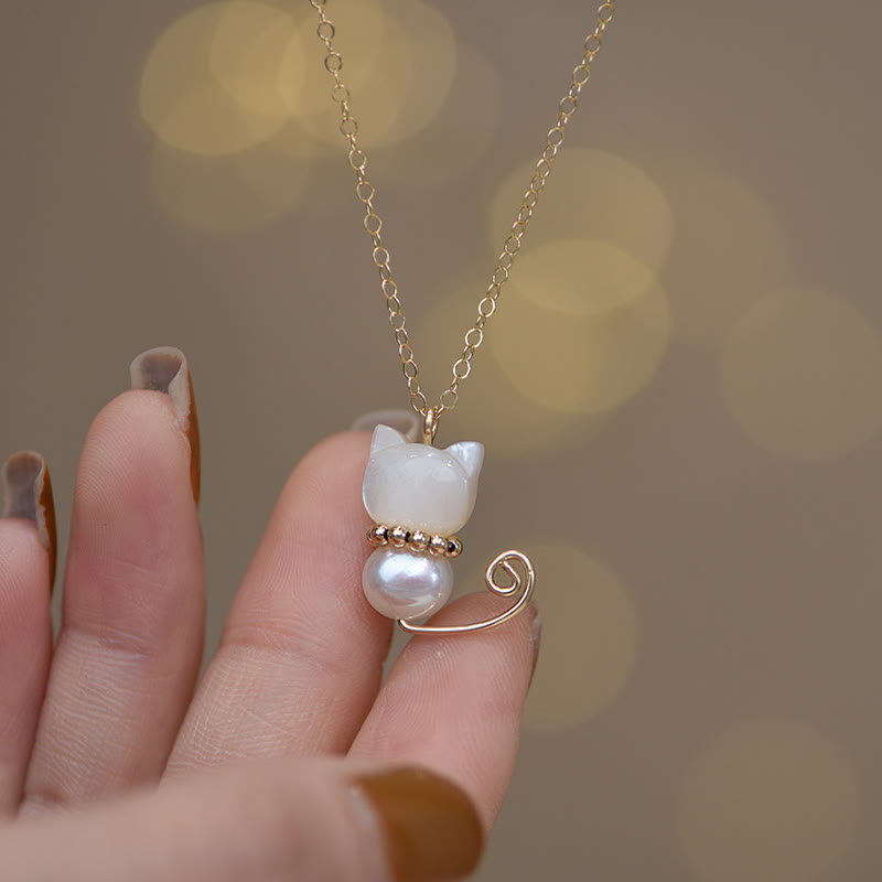 Wear FengShui 14K Gold Plated Pearl Hetian Jade Shell Luck Cat Kitten Necklace Pendant