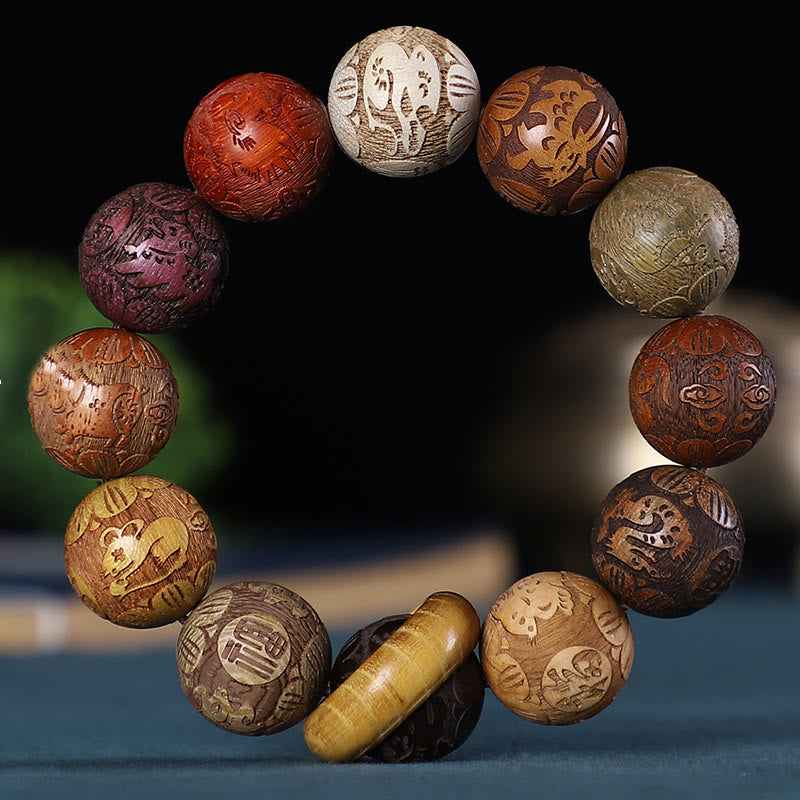 Wear FengShui Chinese Zodiac Rosewood Green Sandalwood Ebony Wood Copper Coin Carved Calm Bracelet