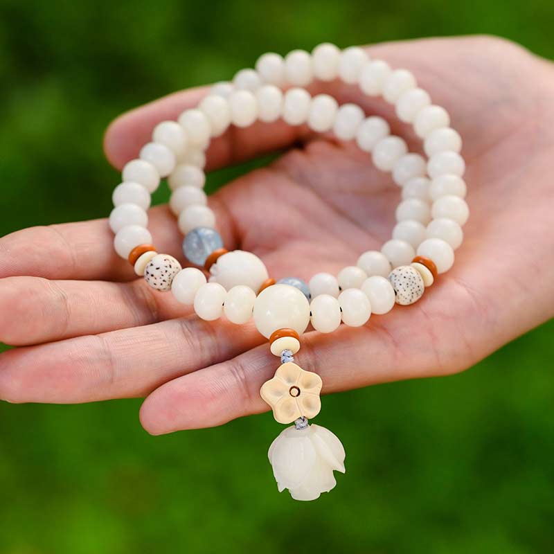 Wear FengShui Tibetan White Jade Bodhi Lotus Blessing Bracelet